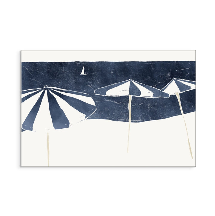 Blue Umbrellas and Sailboat Art Print