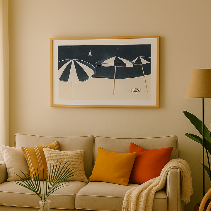 Cuadro "Blue Umbrellas and Sailboat"