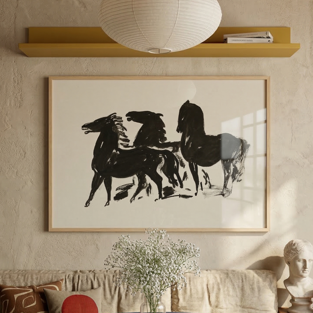 Cuadro "Drie Zwarte Paarden Staand Naar Links Kijkend"