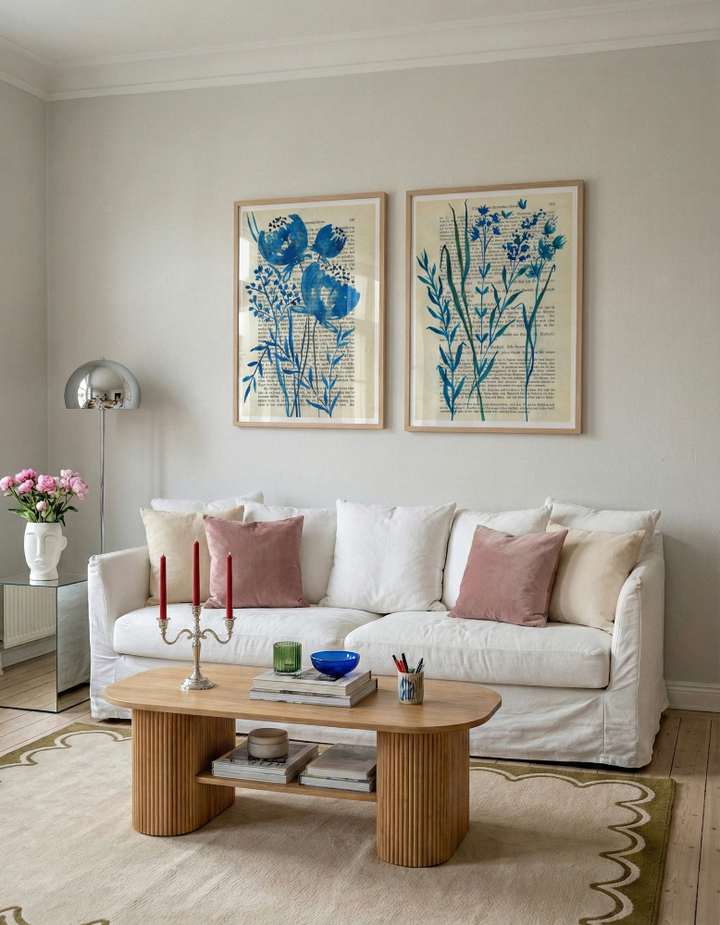 Set de cuadros "Denim blue sketch with wild flowers"