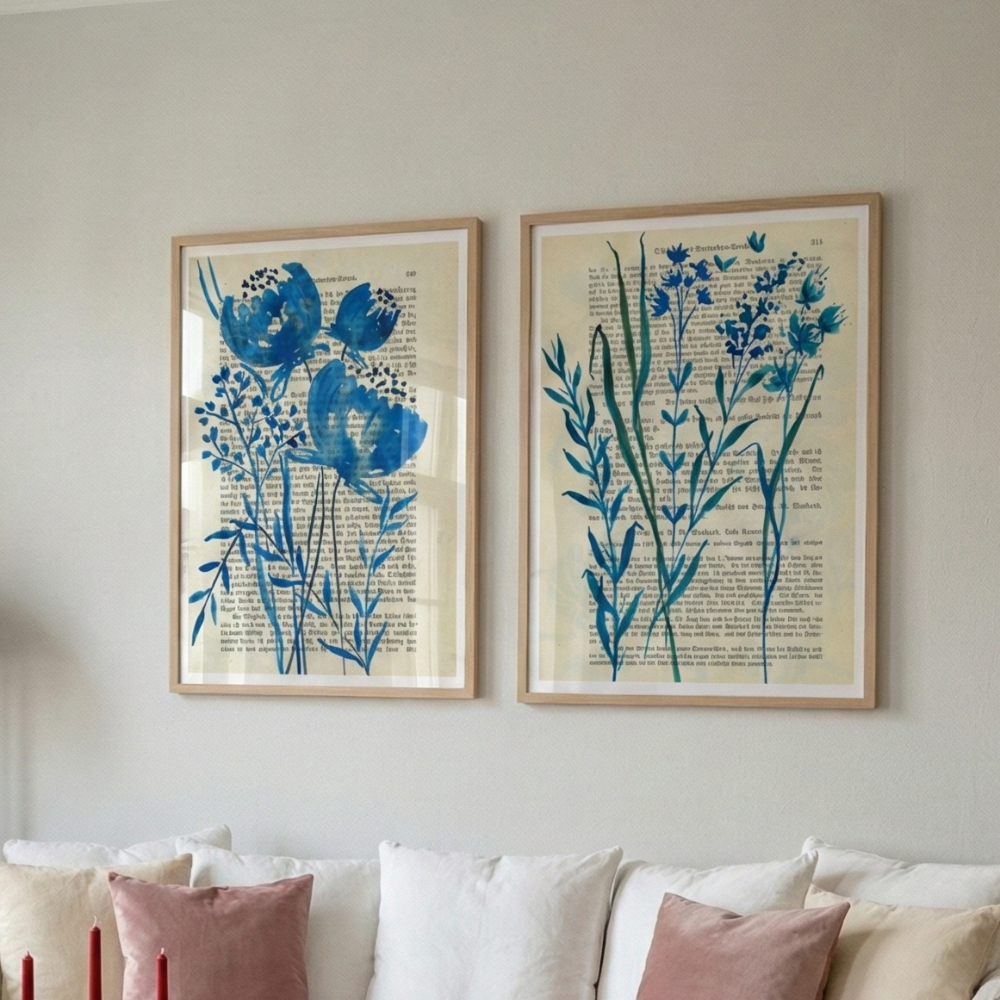 Cuadro "Denim blue sketch with wild meadow flowers"