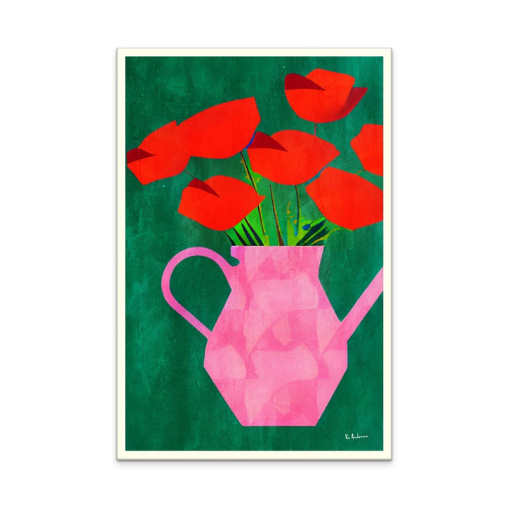 Red Poppies In a Pink Vase Art Print