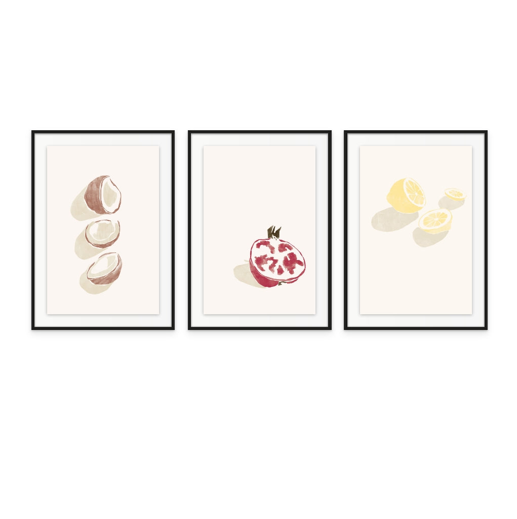 Set of "Tropical Lemons" + "Tropical Coconuts" + "Tropical Grenade" Art Prints