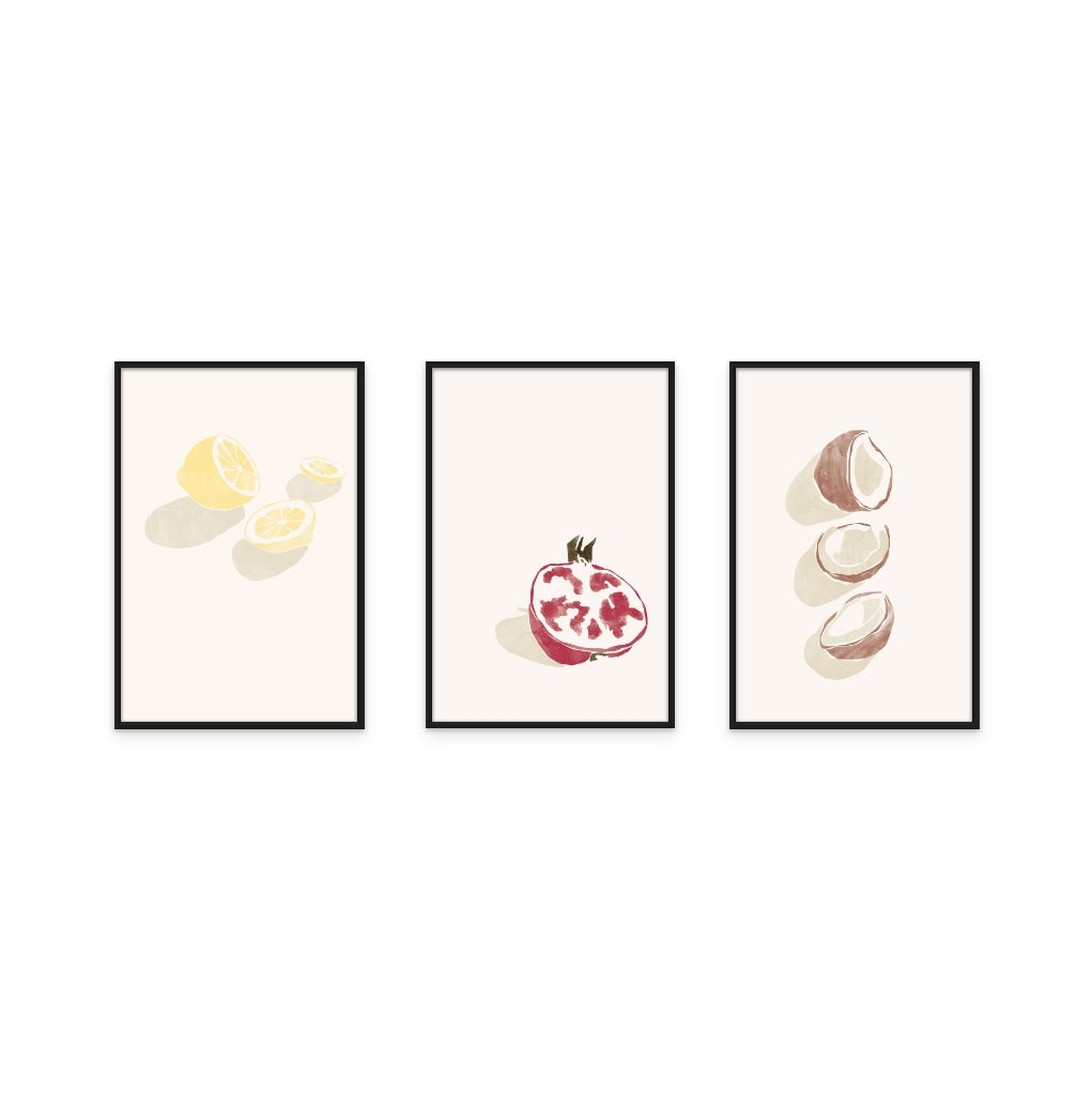 Set of "Tropical Lemons" + "Tropical Coconuts" + "Tropical Grenade" Art Prints