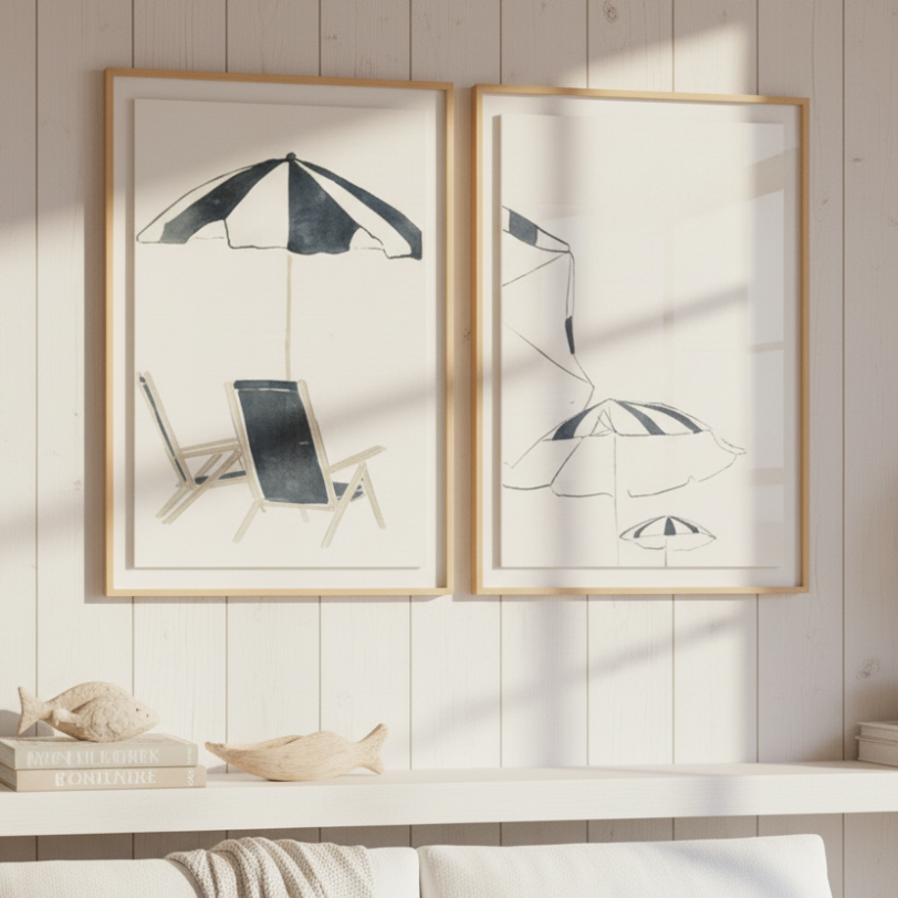 Set de cuadros "Blue Umbrellas and Chairs"