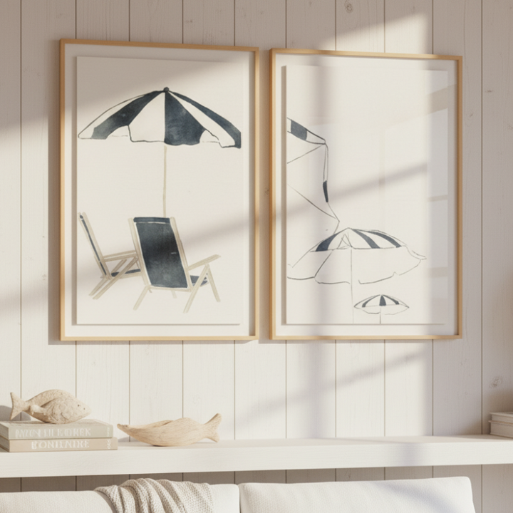 Set de cuadros "Blue Umbrellas and Chairs"