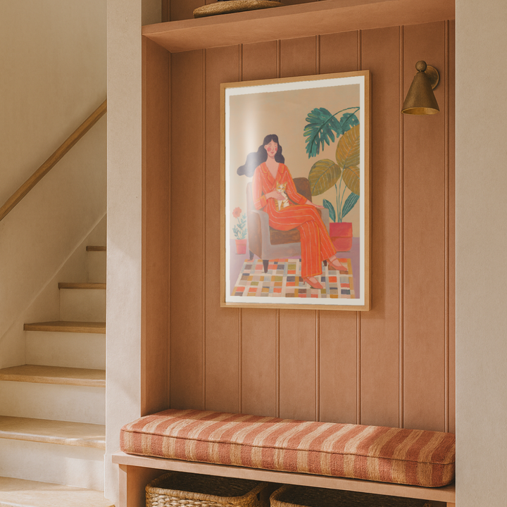 Cuadro "Woman with cat in living room"