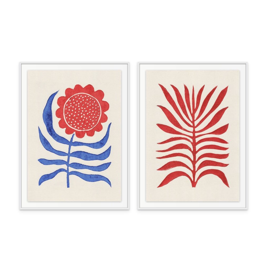 Set "Red Branch / Lino" + "Red Flower / Lino" Art Prints