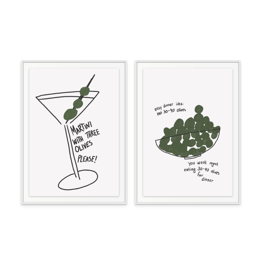 Set "Martini Three Olives" + "Olives for Dinner" Art Prints