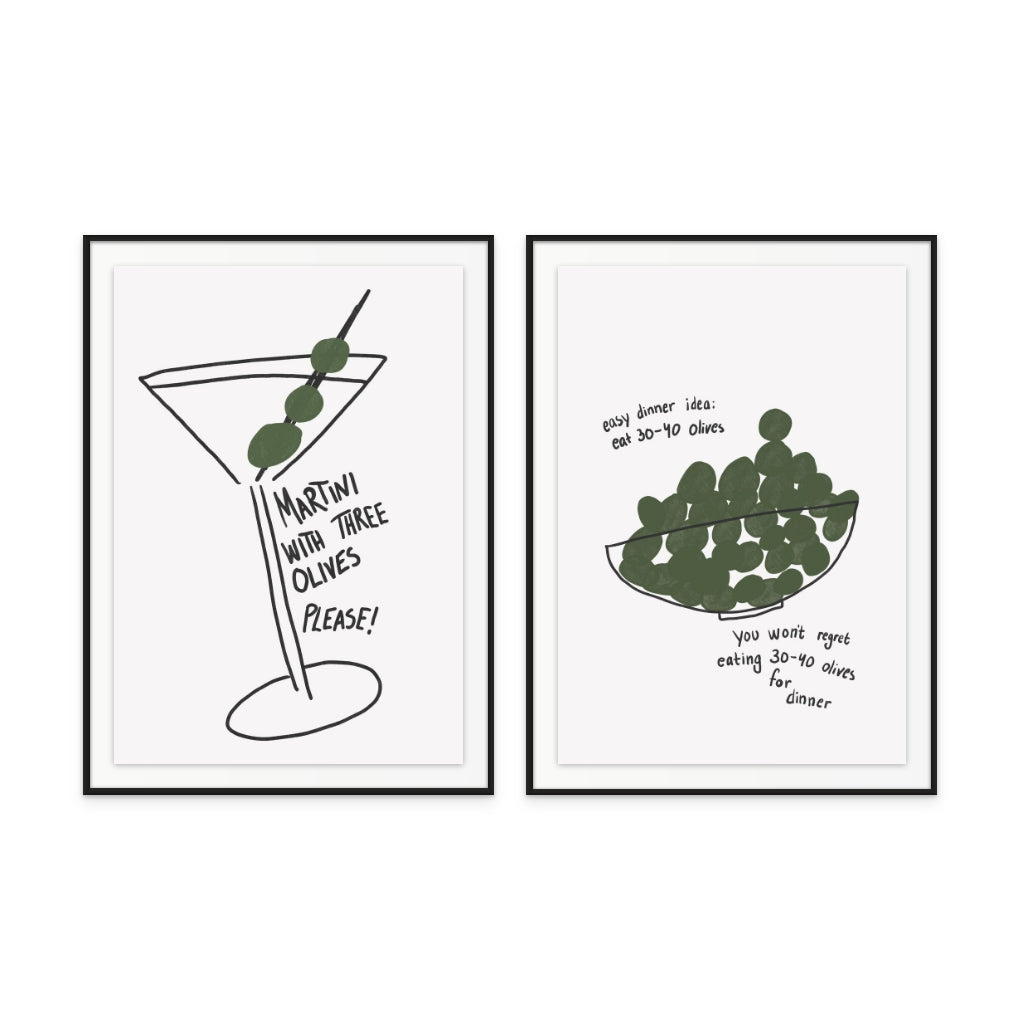 Set "Martini Three Olives" + "Olives for Dinner" Art Prints