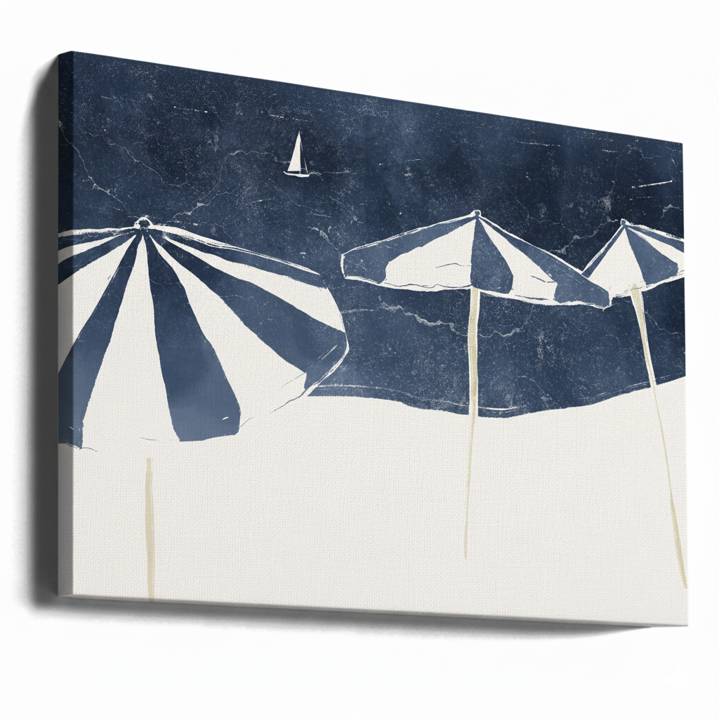 Cuadro "Blue Umbrellas and Sailboat"